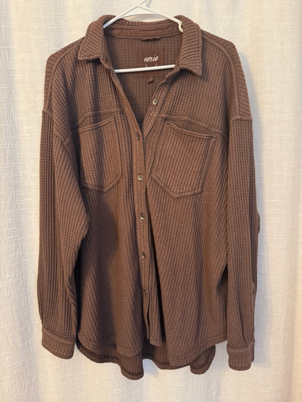 aerie Brown Waffle-Knit Button-Up Shirt Jacket